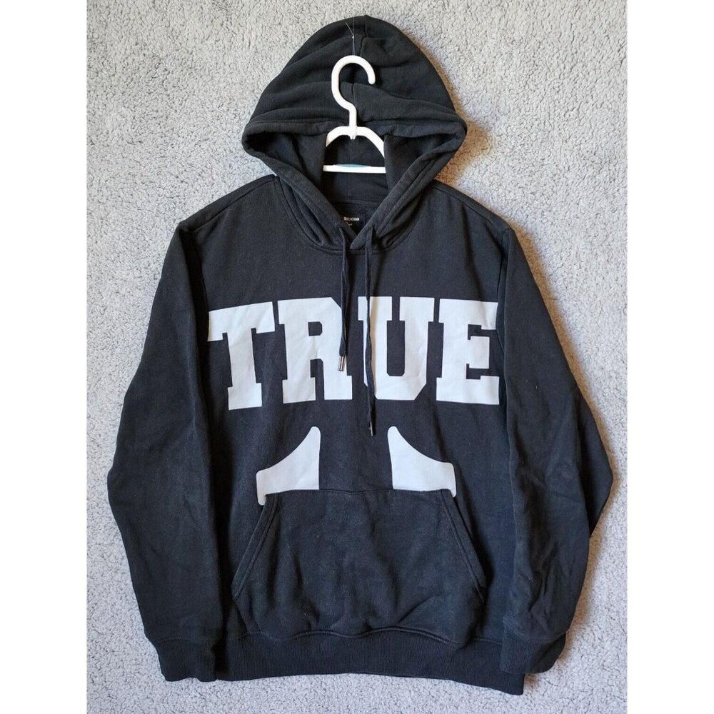 True Religion Black White Spellout Pullover Drawstring Hoodie Size Large